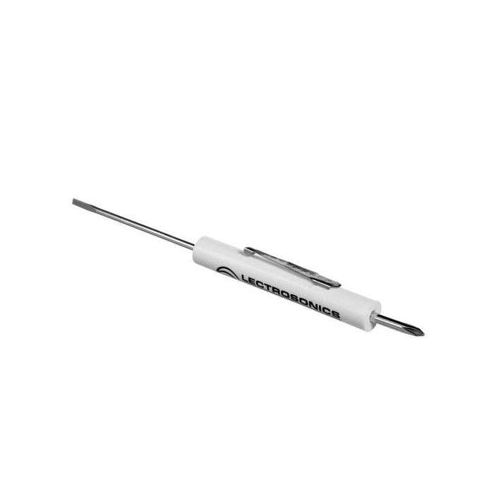 35679 transmitter adjustment screwdriver, angled side view showing white handle with pocket clip, slotted blade on one end and Phillips tip on the other, Lectrosonics