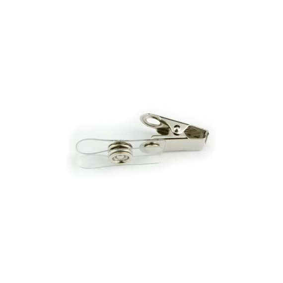 35690 clip-on strain relief angled view showing nickel-plated alligator clip with clear plastic strap and metal snap studs for lavaliere mic cable, Lectrosonics