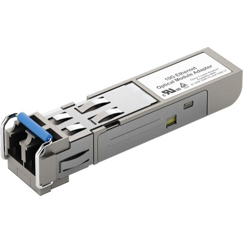 Blackmagic Design 10G Ethernet Optical Module Adapter SFP transceiver, angled view with blue LC fiber latch