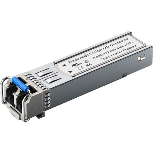 Blackmagic Design 12G BD SFP optical module adapter, angled view showing blue LC fiber ports and label