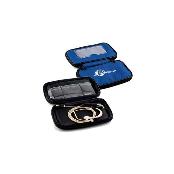 35939 canvas zipper pouch for HM172 mic shown open, blue canvas case with Lectrosonics logo and clear window beside black-lined case holding a beige headworn mic with coiled cable, Lectrosonics