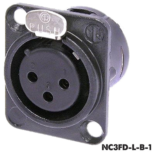 Neutrik NC3FD-L-B-1 black 3-pole female XLR panel mount receptacle with numbered contacts and push latch