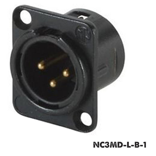 Neutrik NC3MD-L-B-1 XLR panel mount receptacle with black D-shell flange and gold male pins