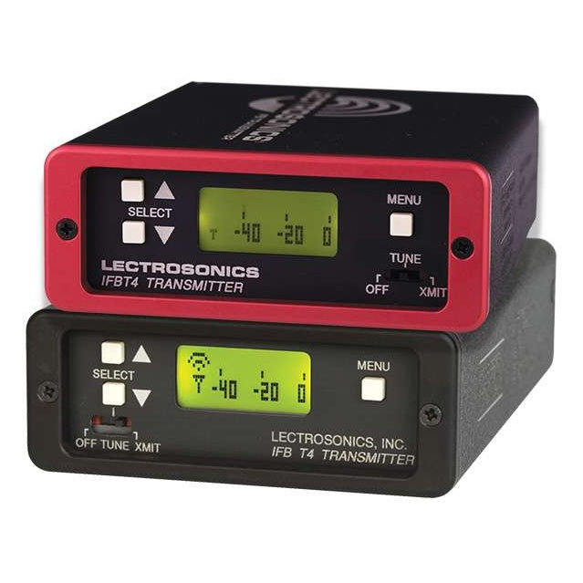 IFBT4 IFB transmitter front view of two stacked units, red-trimmed IFBT4 above black IFB T4, each showing green LCD level meter, SELECT and MENU buttons, and OFF/TUNE/XMIT switch, Lectrosonics
