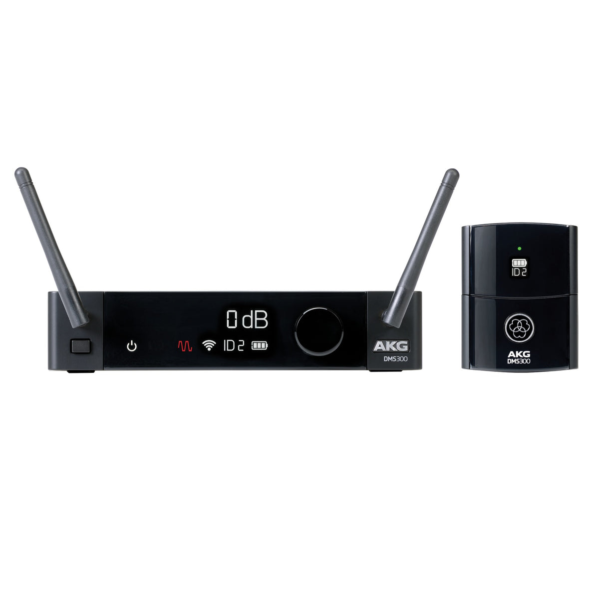 DMS300 wireless system front view with SR300 receiver showing 0 dB OLED display, ID2 channel and battery icons, dual antennas and bodypack transmitter, AKG
