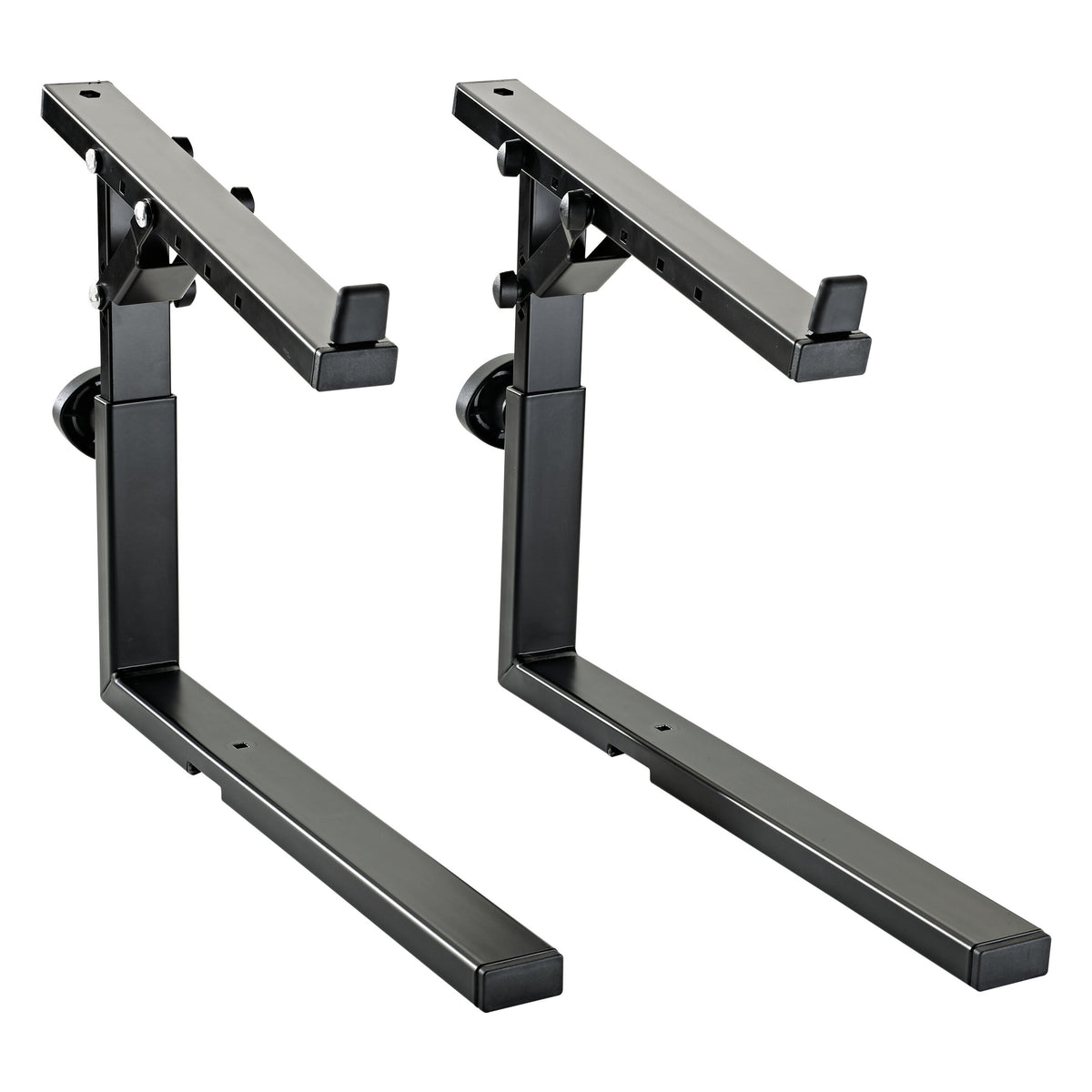 18811 Stacker second tier add-on pair, three-quarter view showing two black L-shaped support arms with adjustable height clamp knobs and padded end stops, K&M