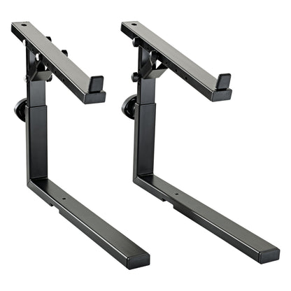 18811 Stacker second tier add-on pair, three-quarter view showing two black L-shaped support arms with adjustable height clamp knobs and padded end stops, K&M