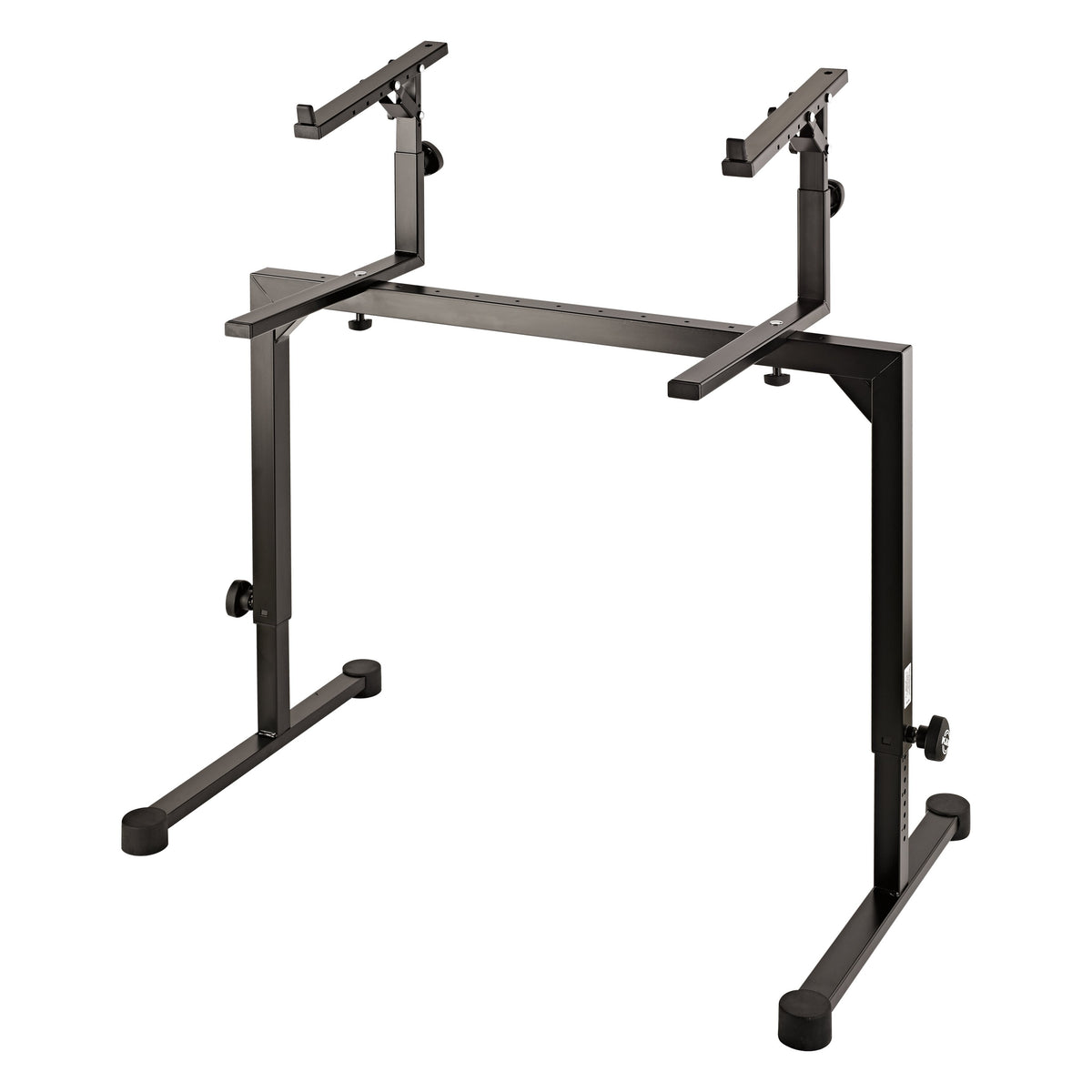 18811 Stacker second tier add-on, shown mounted on a black keyboard stand frame with both upper arms raised above the crossbar, K&M