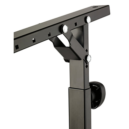 18811 Stacker second tier add-on close-up of the angle adjustment joint with silver bolts, slotted support arm and black clamp knob, K&M