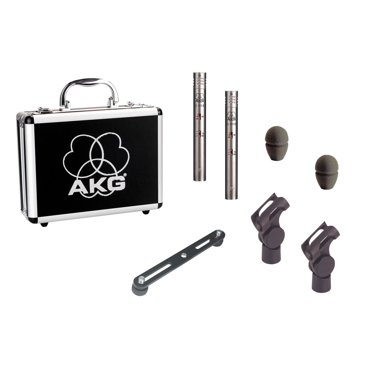 C451 B matched pair kit contents with logo-embossed aluminum case, two mics, foam windscreens, stand clips and stereo bar, AKG