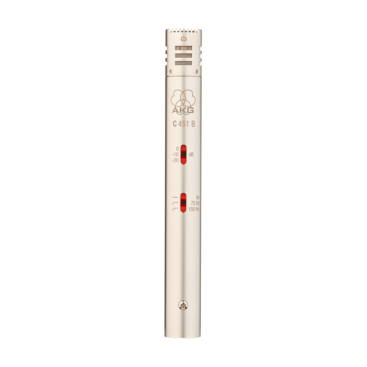 C451 B front view showing red -10/-20 dB pad and 75/150 Hz bass rolloff slide switches on nickel body, AKG