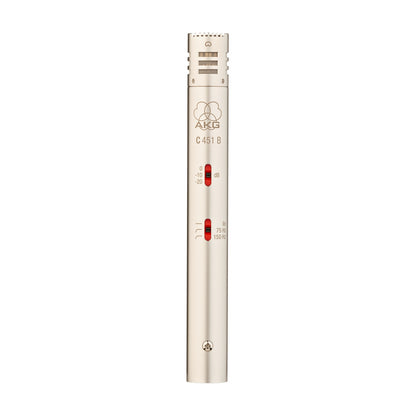 C451 B front view showing red -10/-20 dB pad and 75/150 Hz bass rolloff slide switches on nickel body, AKG