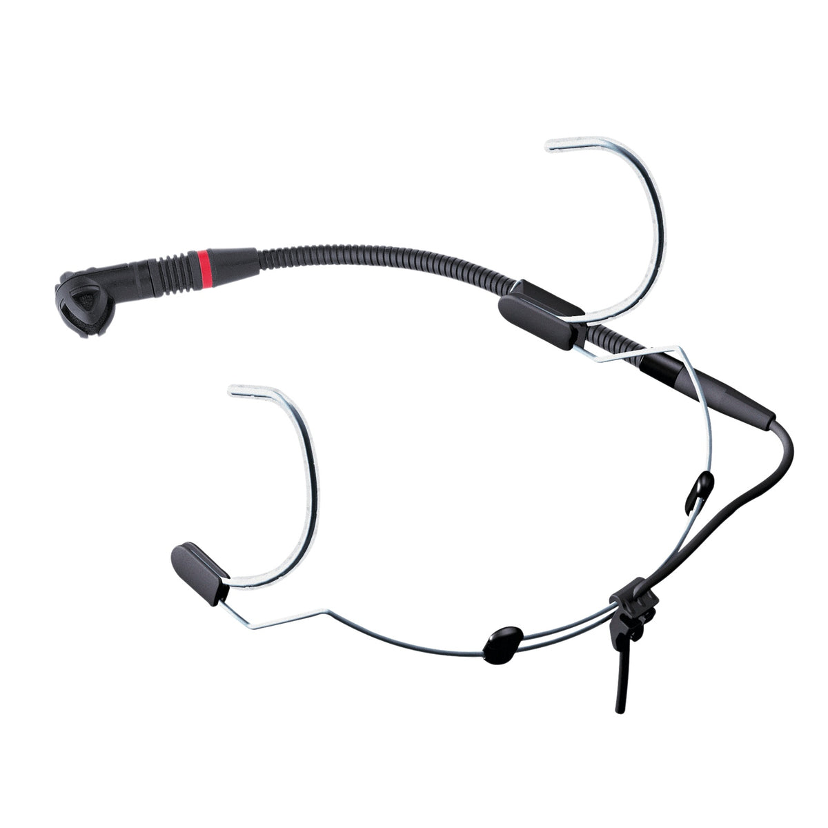 C-555L headworn microphone angled view showing flexible gooseneck boom with red band, wire ear hooks and cable strain relief clip, AKG