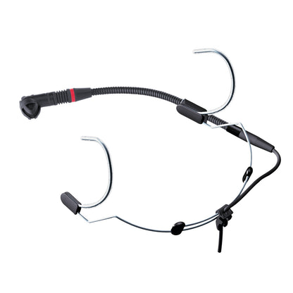 C-555L headworn microphone angled view showing flexible gooseneck boom with red band, wire ear hooks and cable strain relief clip, AKG