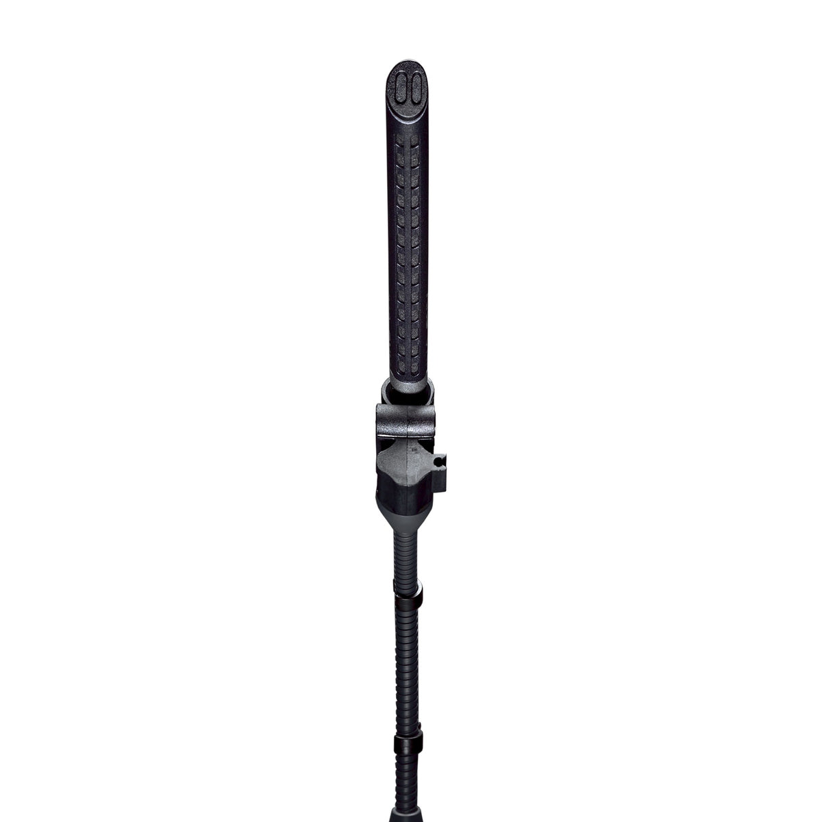 C747 V11 condenser shotgun microphone front view showing slotted interference tube and pivoting gooseneck mount, AKG