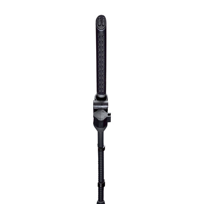 C747 V11 condenser shotgun microphone front view showing slotted interference tube and pivoting gooseneck mount, AKG
