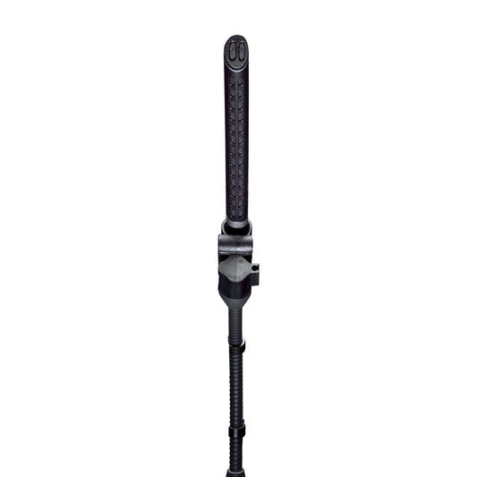 C747 V11 condenser shotgun microphone front view showing slotted interference tube and pivoting gooseneck mount, AKG