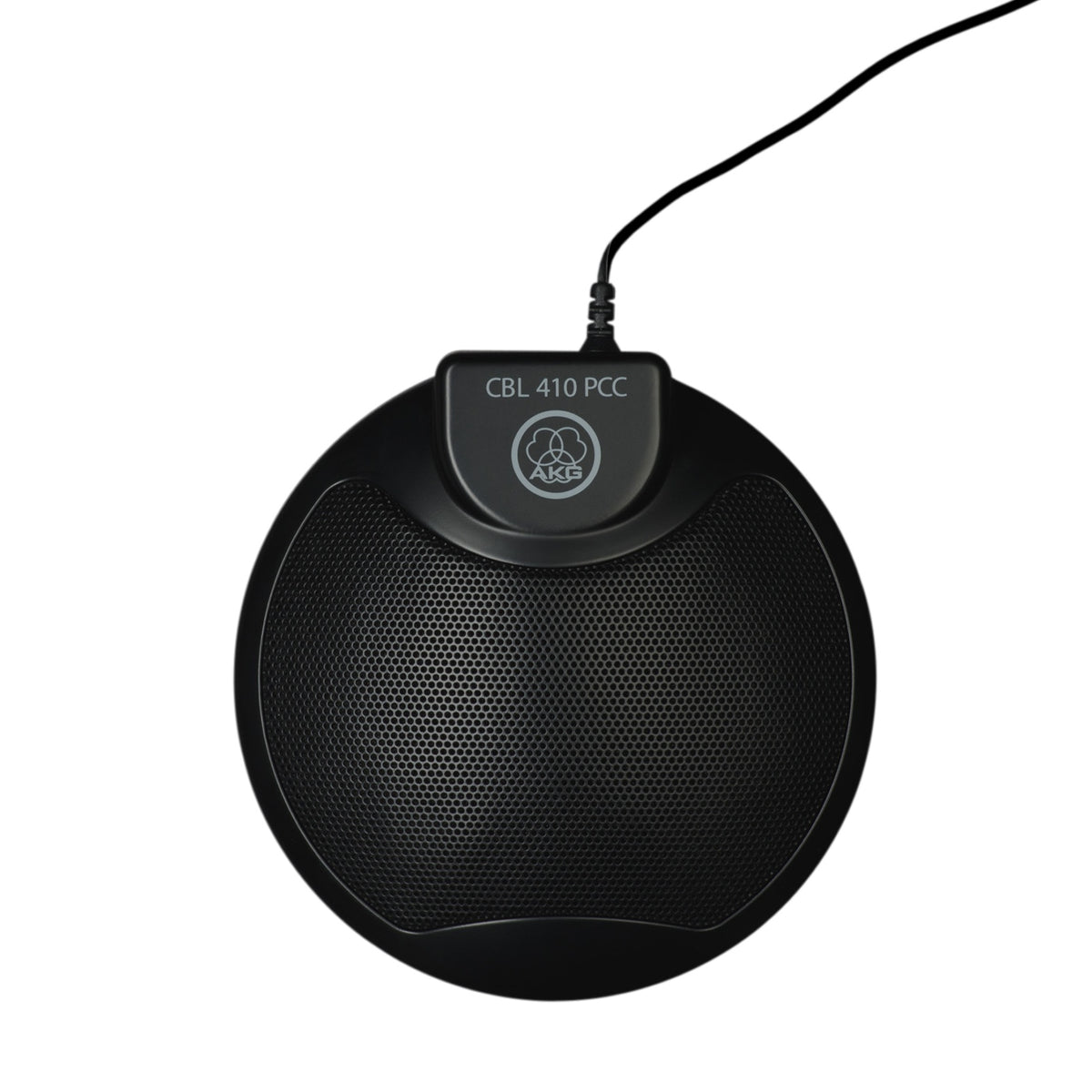CBL 410 PCC top-down front view showing round perforated grille and logo badge with cable exiting rear, AKG
