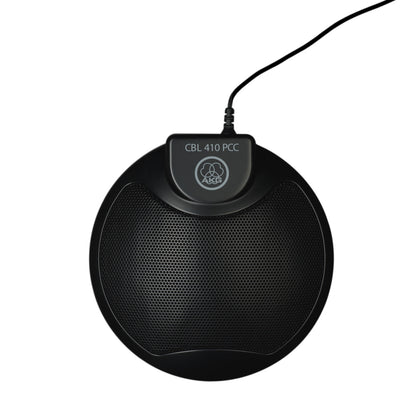 CBL 410 PCC top-down front view showing round perforated grille and logo badge with cable exiting rear, AKG