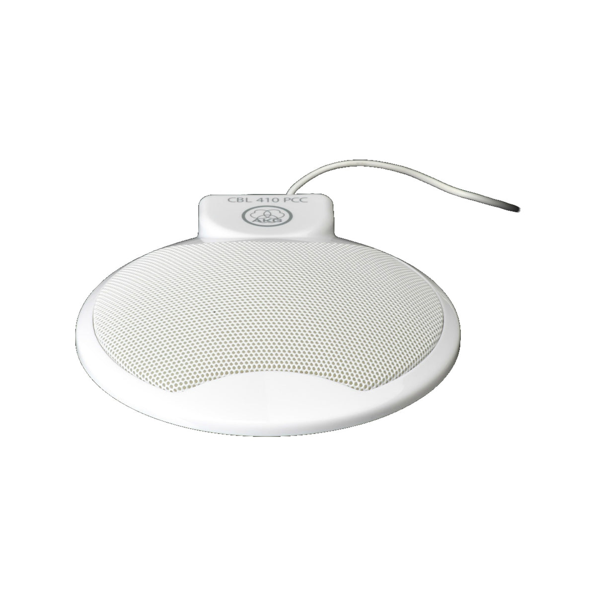 CBL 410 PCC white boundary desktop microphone top angled view showing mesh grille and attached captive cable, AKG