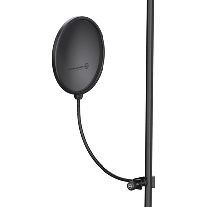 Popkiller 200 mm pop filter rear view clamped to a vertical stand pole with curved gooseneck and K&M clamp knob, K&M