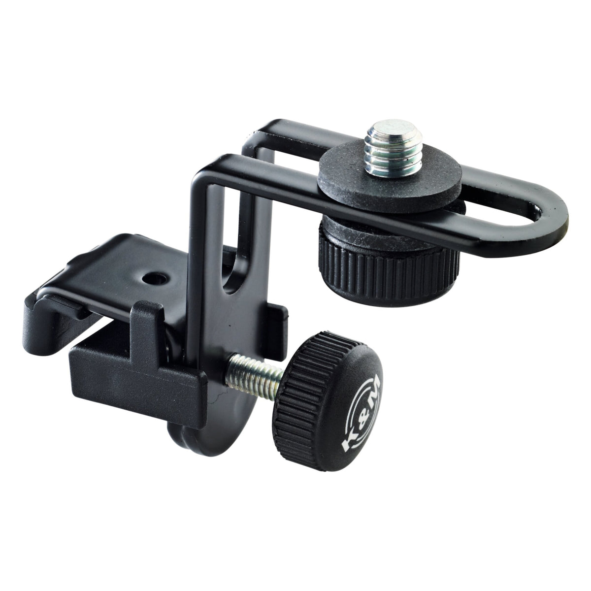 24030 compact drum microphone holder angled three-quarter view showing black rim clamp with K&M-branded knurled tightening knob and threaded mic mount stud on adjustable slotted arm, K&M