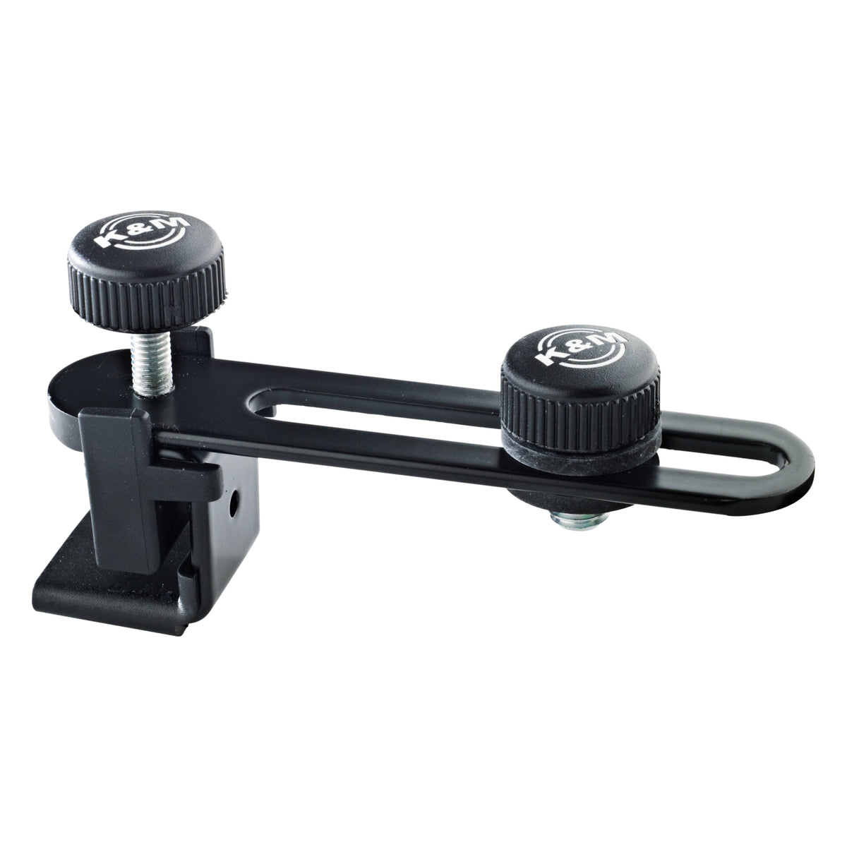 24035 compact drum microphone holder front three-quarter view showing slotted rail arm and two knurled K&M thumbscrews, K&M