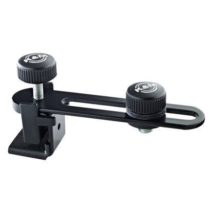 24035 compact drum microphone holder front three-quarter view showing slotted rail arm and two knurled K&M thumbscrews, K&M