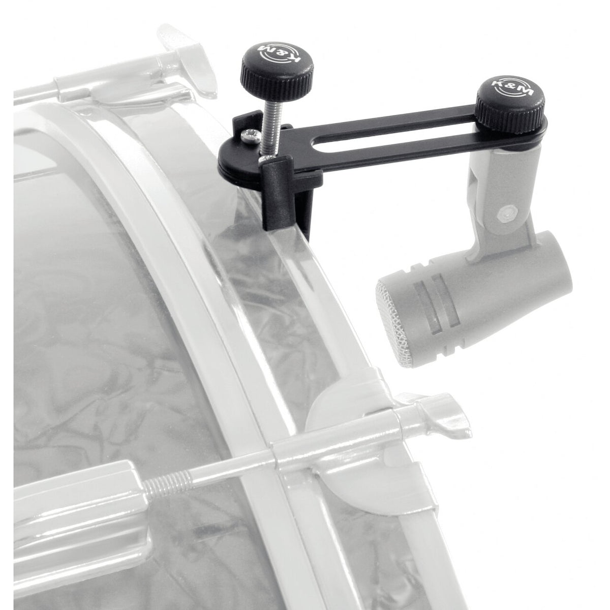 24035 drum microphone holder in use clamped to a drum rim with a drum mic mounted on the slotted rail arm, K&M