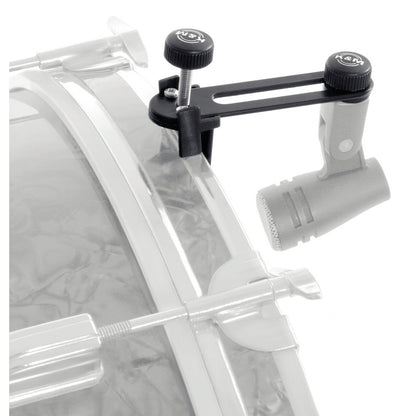 24035 drum microphone holder in use clamped to a drum rim with a drum mic mounted on the slotted rail arm, K&M
