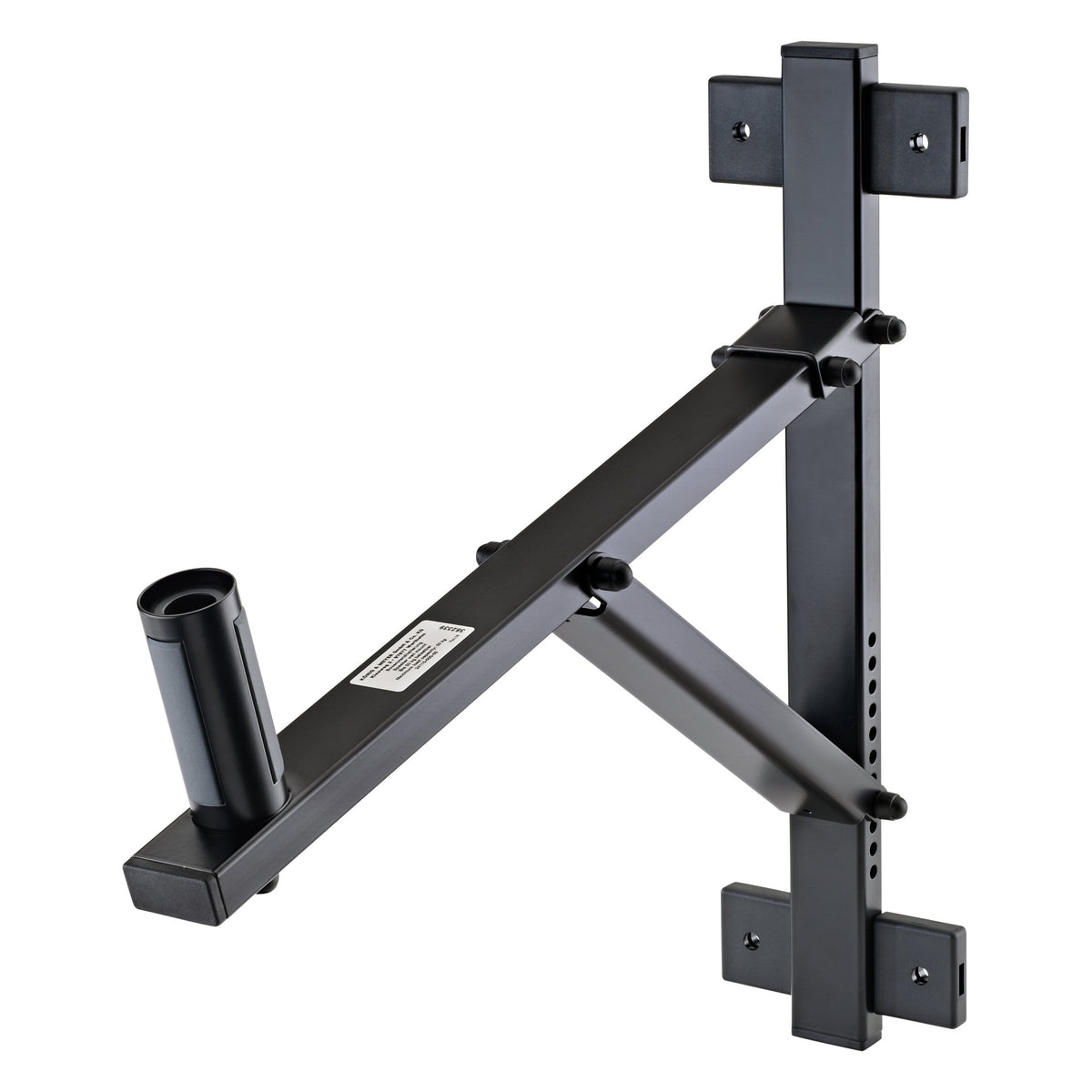24110 steel speaker wall mount angled front view showing vertical wall plate with mounting holes, diagonal support brace and black speaker flange socket, K&M