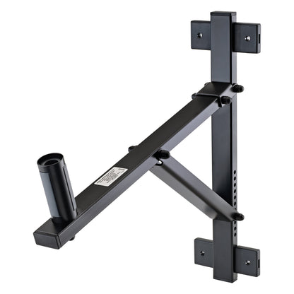 24110 steel speaker wall mount angled front view showing vertical wall plate with mounting holes, diagonal support brace and black speaker flange socket, K&M