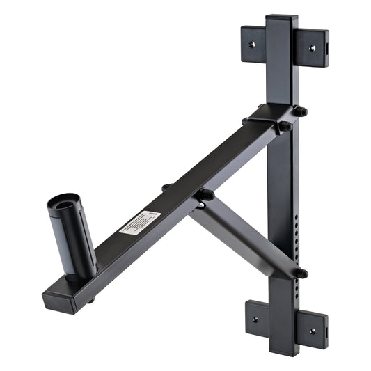 24110 steel speaker wall mount angled front view showing vertical wall plate with mounting holes, diagonal support brace and black speaker flange socket, K&M