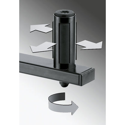 24110 speaker wall mount close-up of speaker flange with directional arrows indicating adjustable bearing clamp and rotation of the arm, K&M