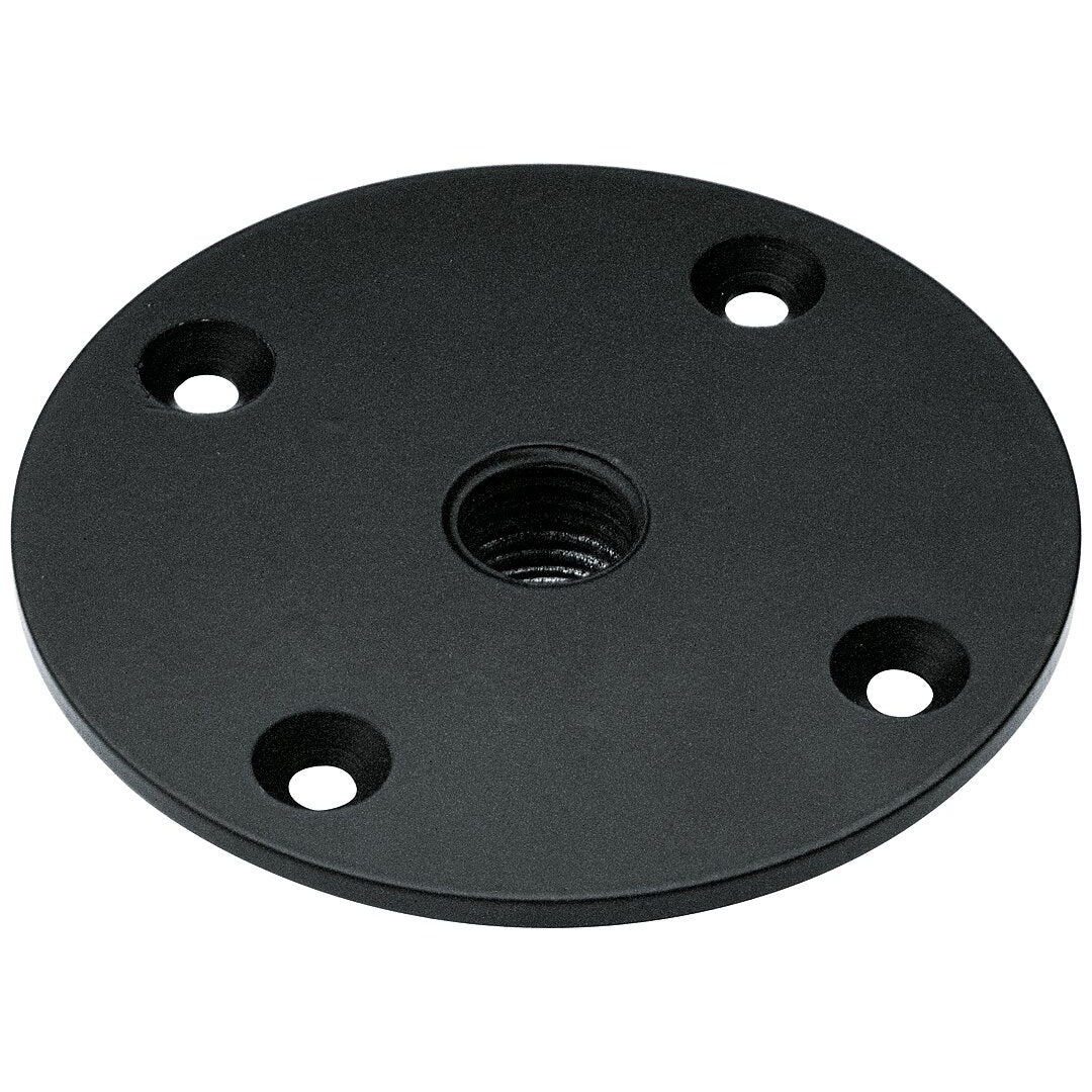 24116 speaker connector plate top-down angled view showing central threaded socket and four countersunk mounting holes in black zinc die-cast finish, K&M