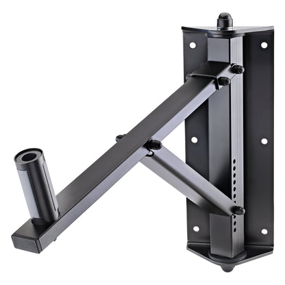 24120 swivel tilt speaker wall mount angled front view showing black wall plate with mounting holes, adjustable support arm and speaker pin socket, K&M