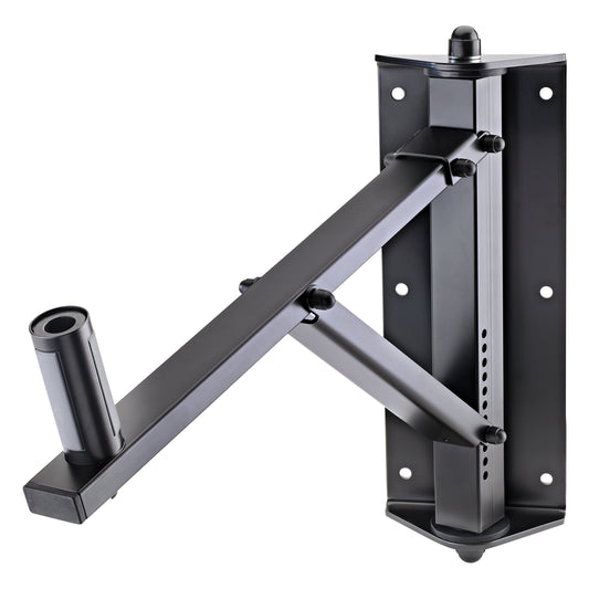 24120 swivel tilt speaker wall mount angled front view showing black wall plate with mounting holes, adjustable support arm and speaker pin socket, K&M