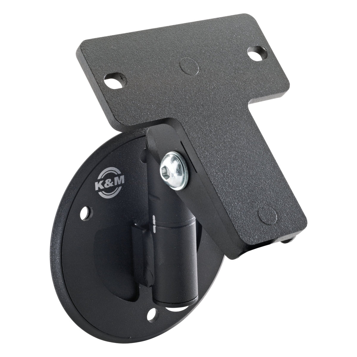 24161 compact speaker wall mount angled front view with T-shaped mounting plate attached and K&M logo on round wall plate, K&M