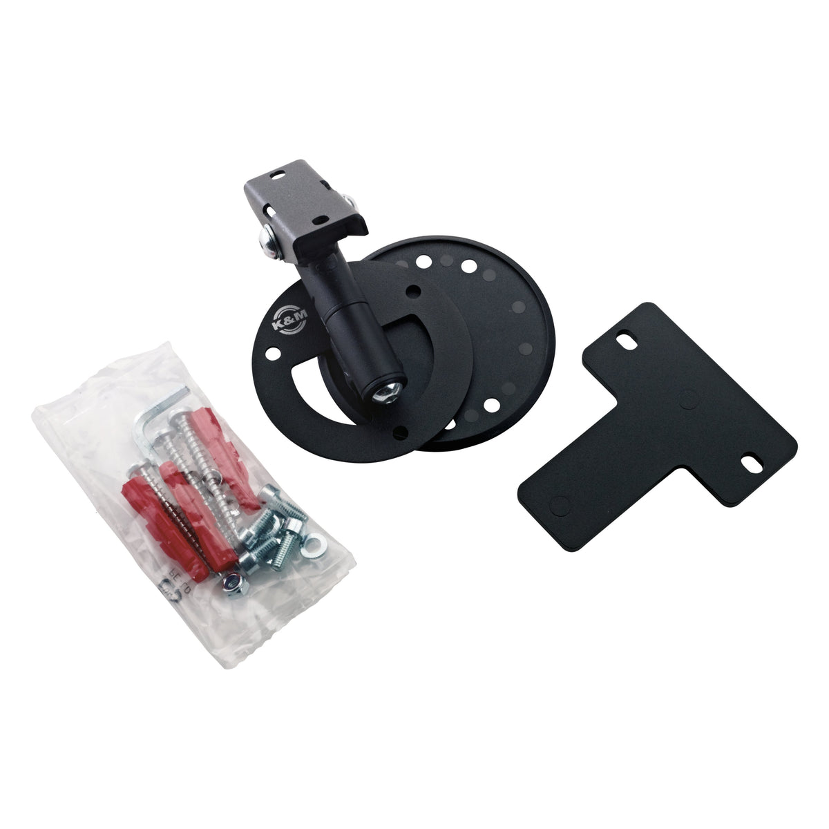 24161 compact speaker wall mount disassembled showing round wall plates, T-shaped speaker plate and bag of screws, red wall plugs and hex key, K&M