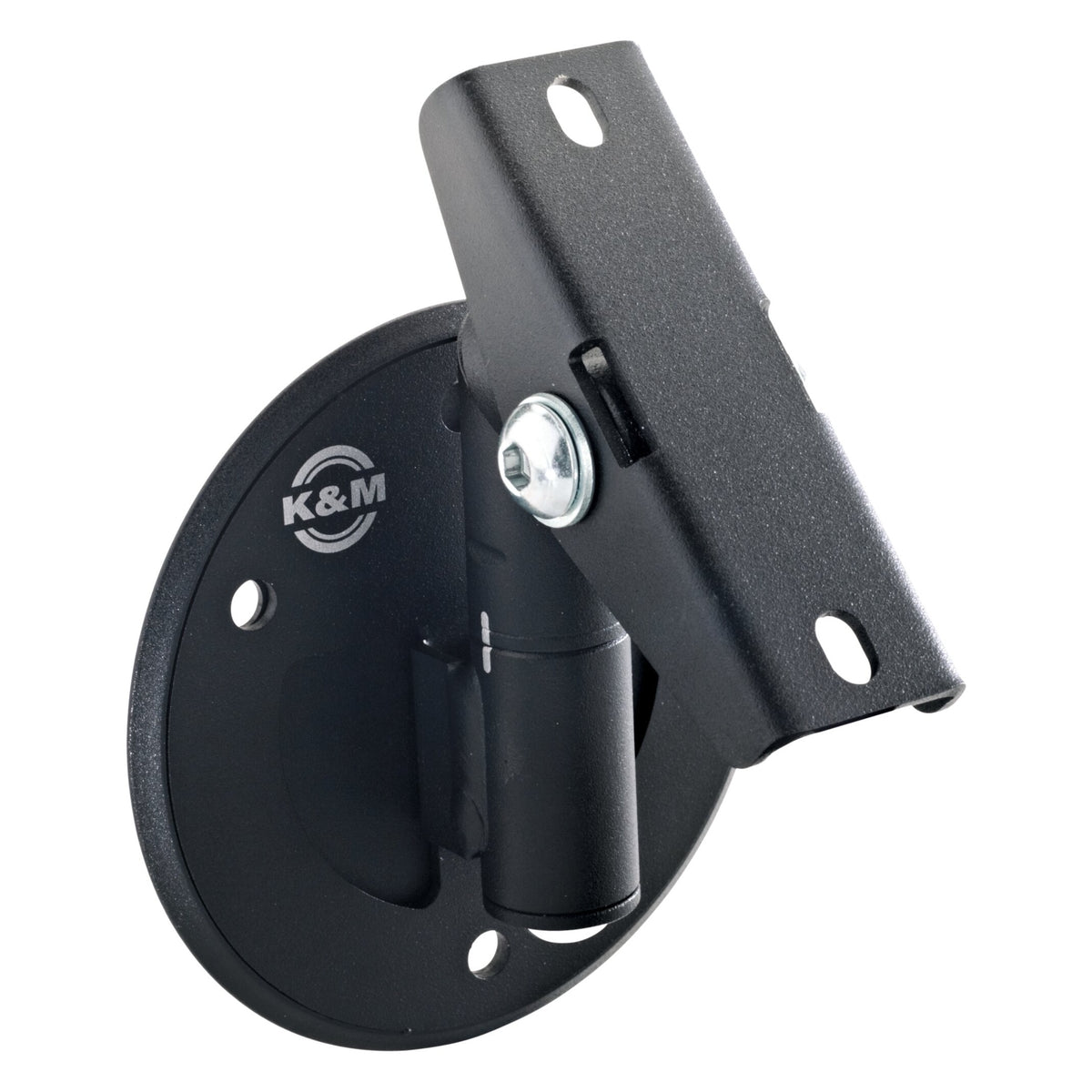 24161 compact speaker wall mount angled view with folded bracket arm, tilt pivot screw and slotted mounting holes, K&M