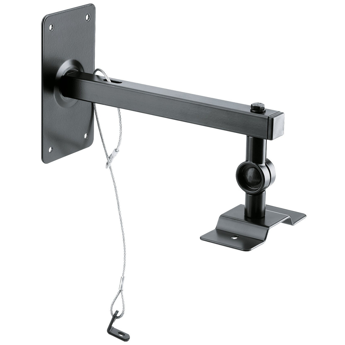 24195 speaker wall and ceiling mount angled front view showing black wall plate with four mounting holes, square arm, swivel joint with clamp knob, speaker platform and steel safety cable, K&M