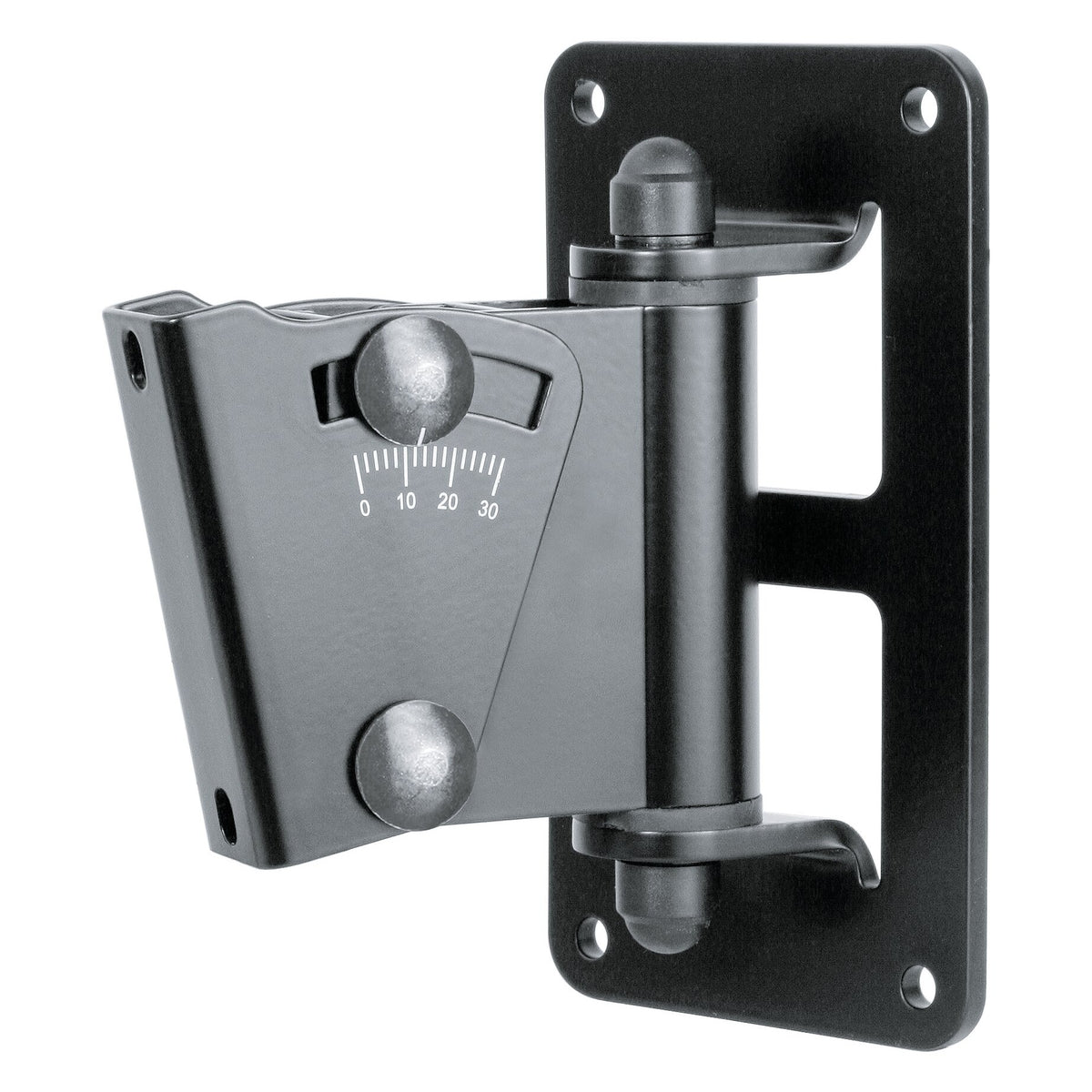 24471 speaker wall mount front three-quarter view showing black steel bracket with 0-30 degree tilt scale and two locking knobs, K&M