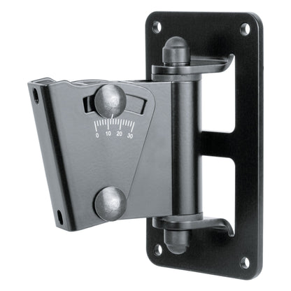 24471 speaker wall mount front three-quarter view showing black steel bracket with 0-30 degree tilt scale and two locking knobs, K&M