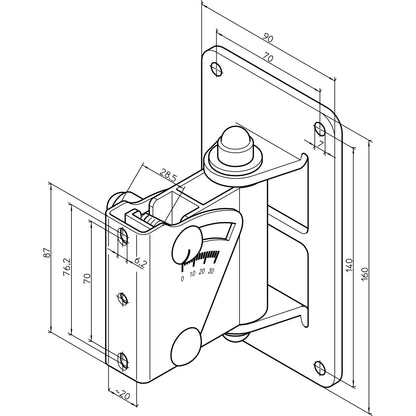 24471 speaker wall mount dimensional line drawing with 90 x 160 mm wall plate, 70 mm hole spacing and tilt scale, K&M