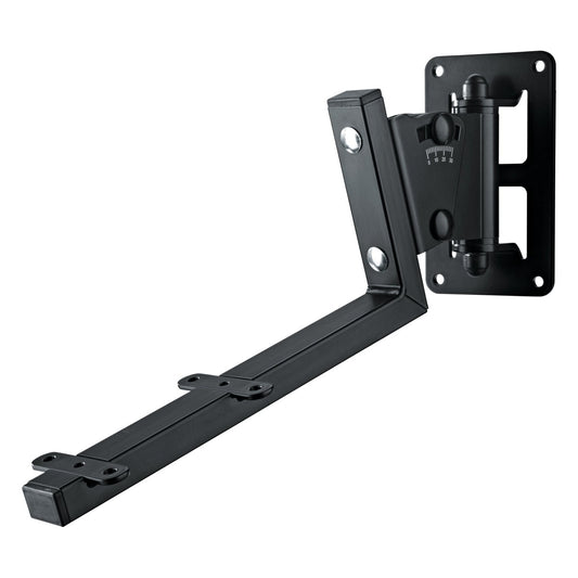 KM 24484.000.55 speaker wall mount angled view showing tilt scale, locking knobs and slotted wall plate, K&M