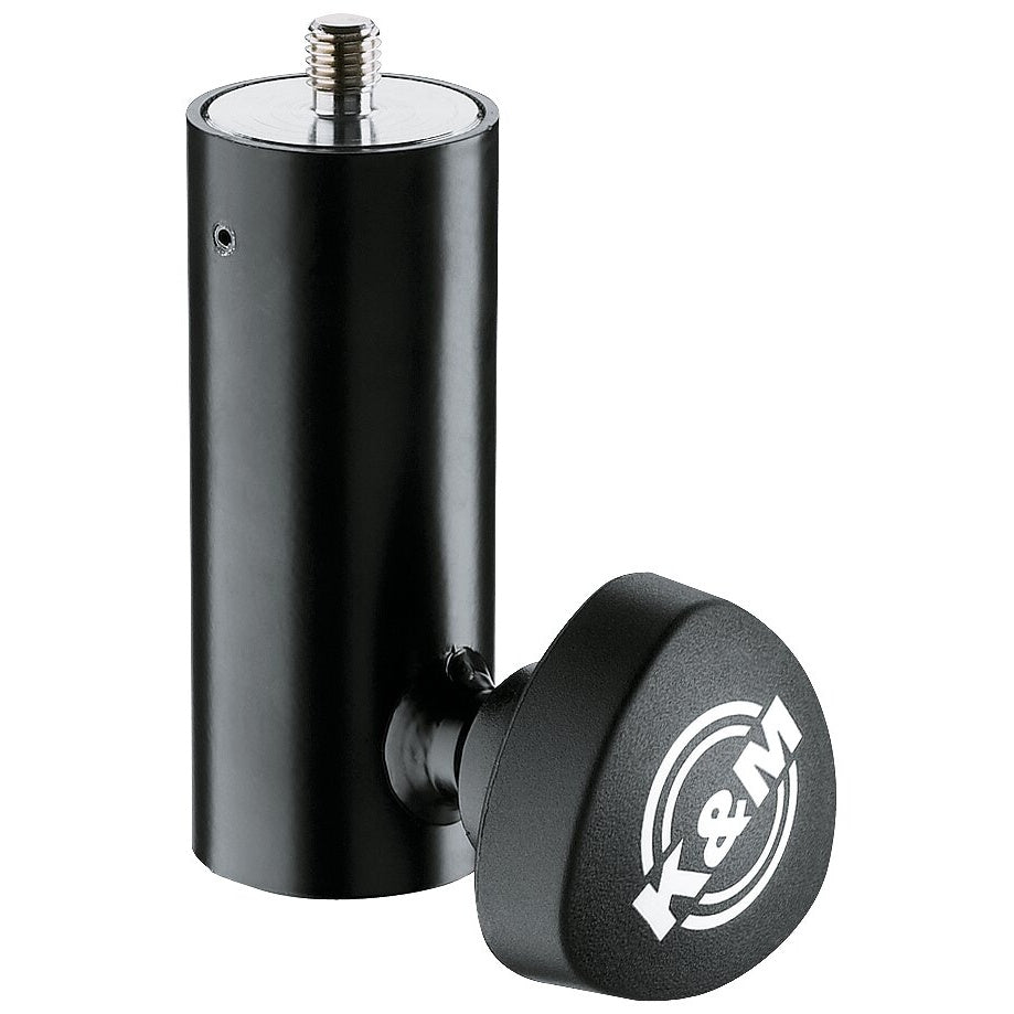 24521 reducer flange for 35mm speaker stand tubing, front three-quarter view showing black cylindrical body, threaded stud on top and clamping knob with K&M logo, K&M