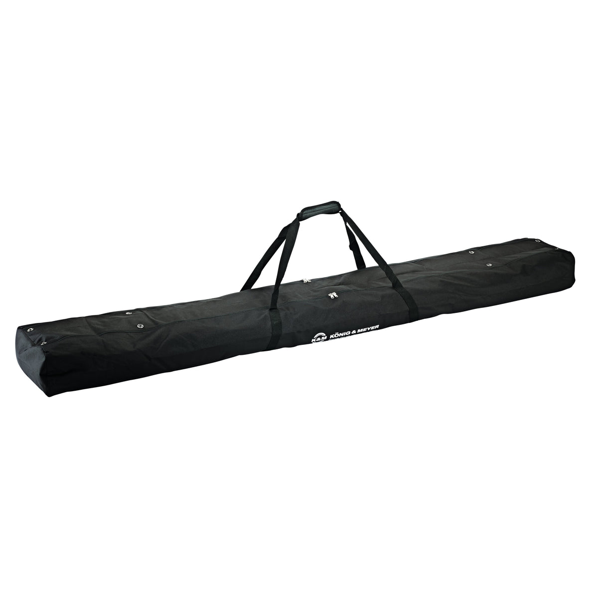 24611 dual speaker stand carrying case angled front view with padded carry handle, twin straps and König & Meyer logo on black nylon, K&M