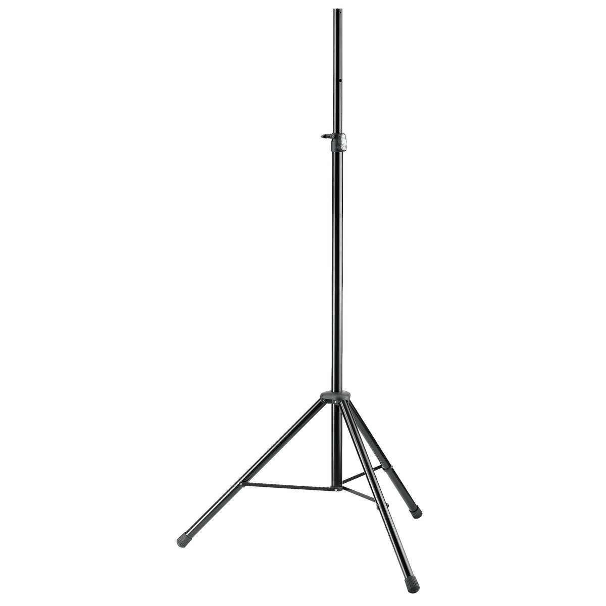 24630 steel lighting stand full front view fully extended with tripod legs spread, clamp collar on the upper tube and rubber foot caps, K&M