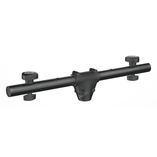 24637 steel crossbar for lighting stands, front view with centre clamp and four black knurled thumb screws at the bar ends, K&M