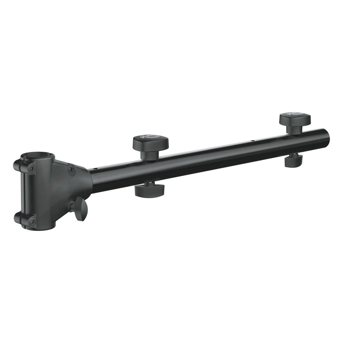 24637 steel crossbar for lighting stands, side-on view showing the end clamp collar with side locking knob and two thumb screws, K&M